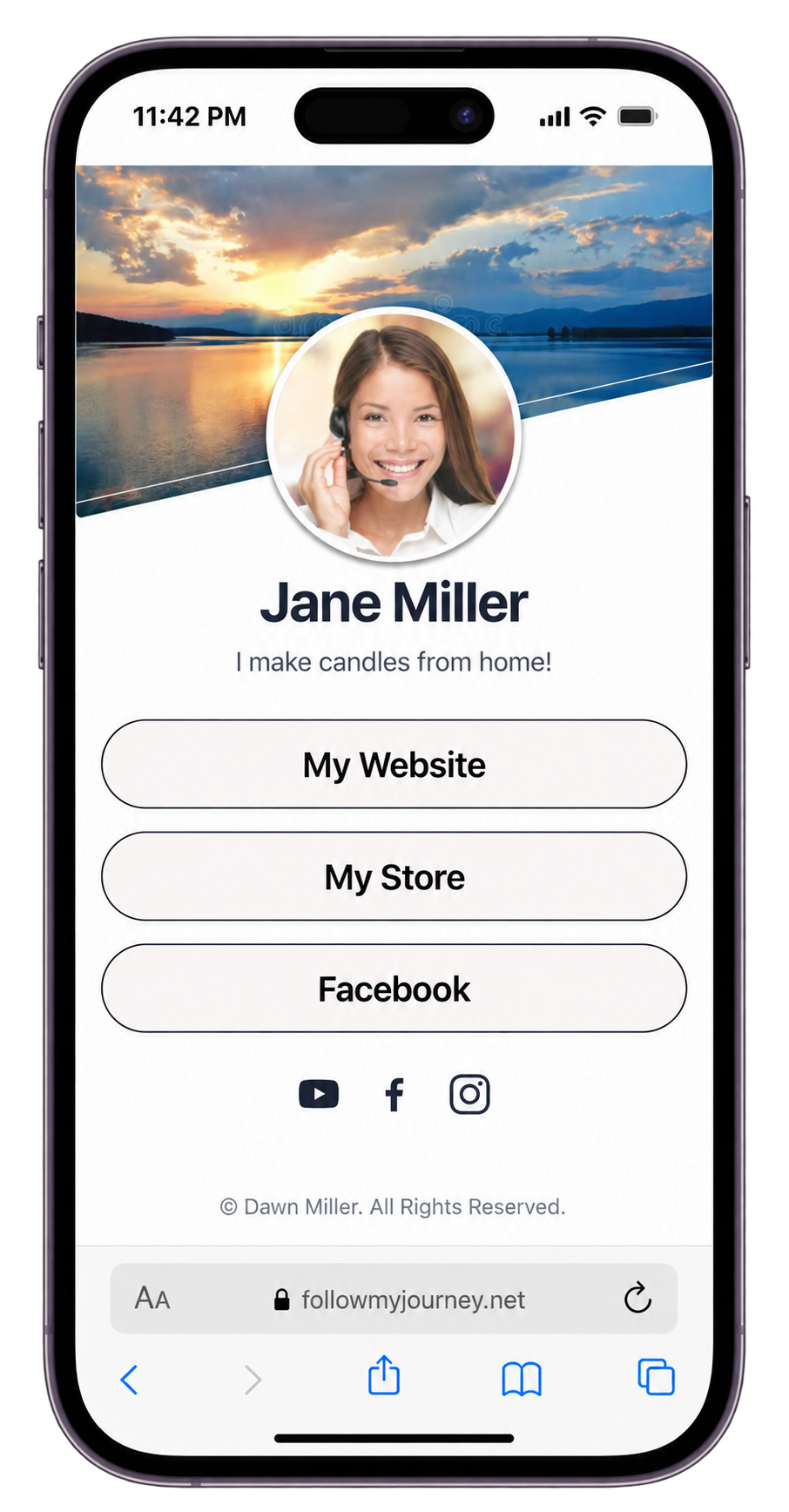 A small-business link page with a landscape header, profile photo, and outlined buttons