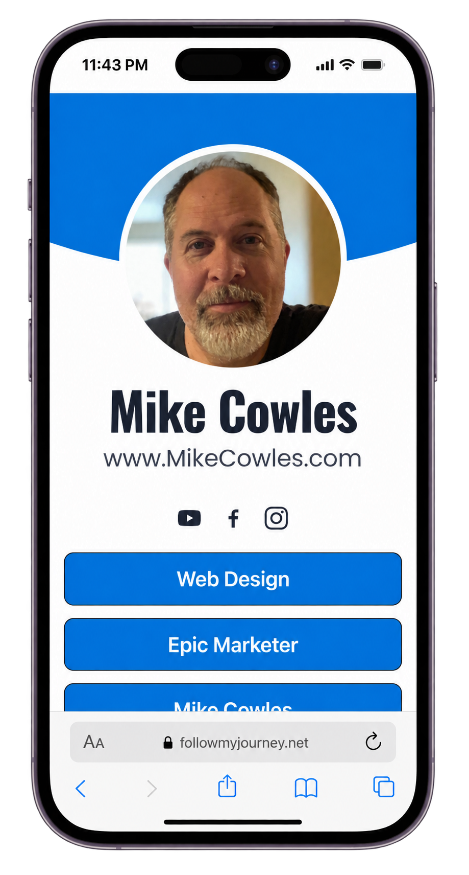 A personal brand link page with a circle profile photo and blue buttons