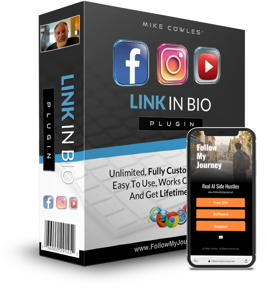 Link In Bio Plugin product package with a mobile link page preview