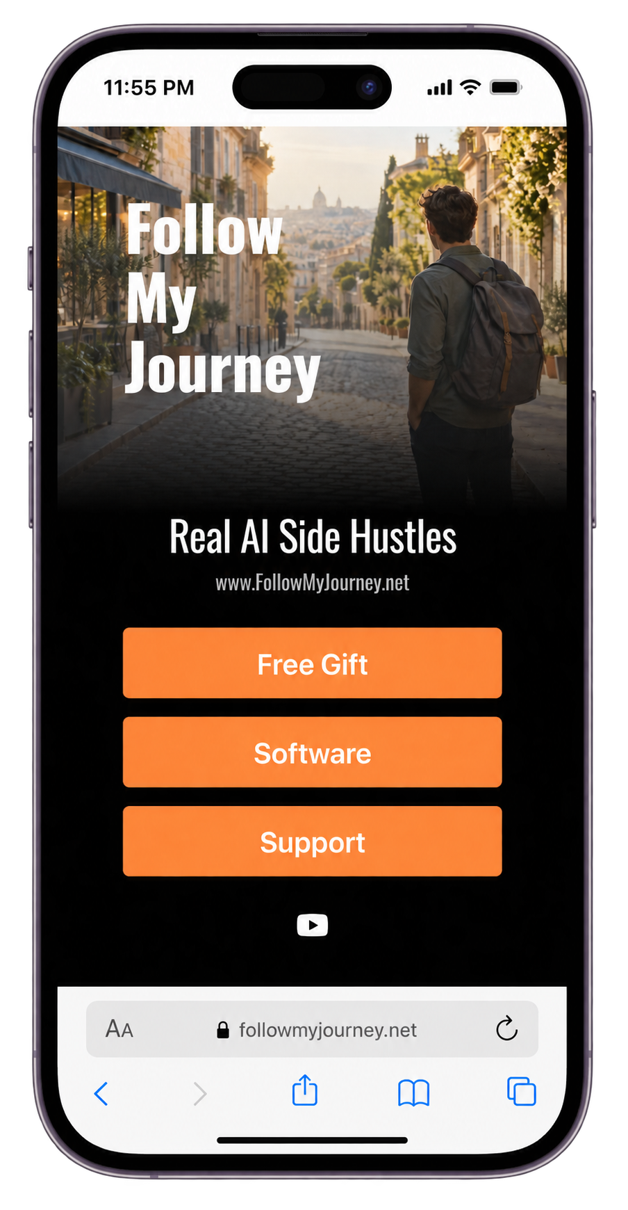 A travel creator link page with an image background and orange buttons